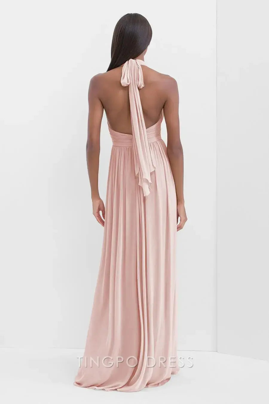 TingPo Wholesale Simple Blush Pink Halter Neck Maxi Dress - Deep V-Neck Ruched Waist Evening Gown